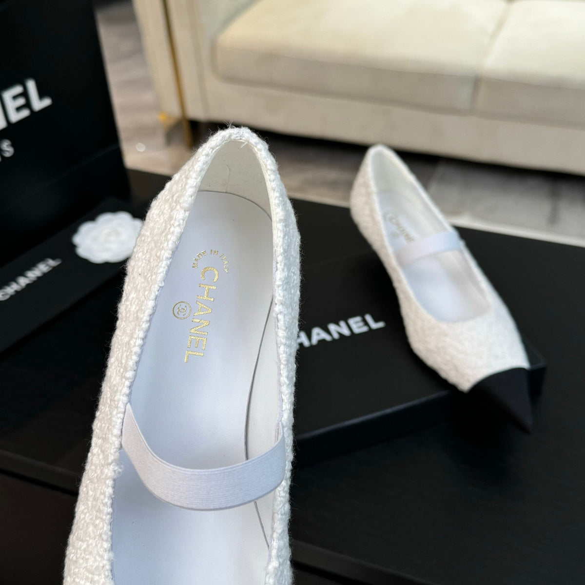mary jane 35 pointed toe white tweed black grosgrain