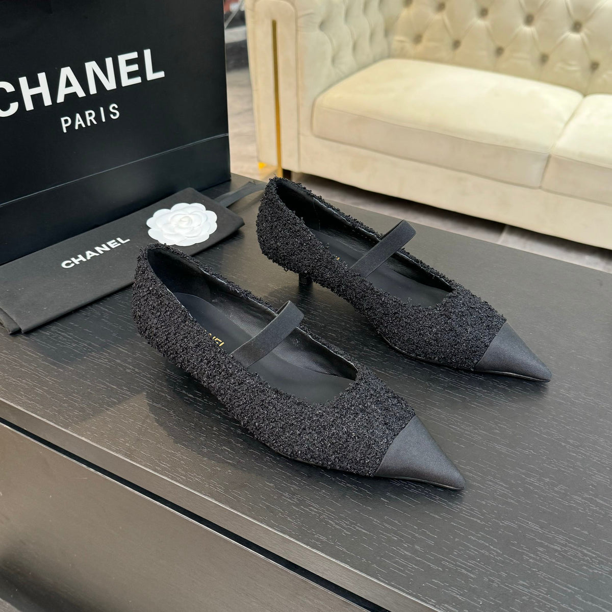 mary jane 35 pointed toe black tweed black grosgrain