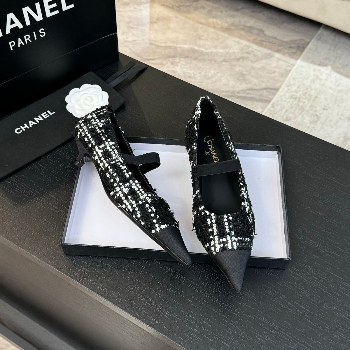 mary jane 35 pointed toe black white tweed sequin