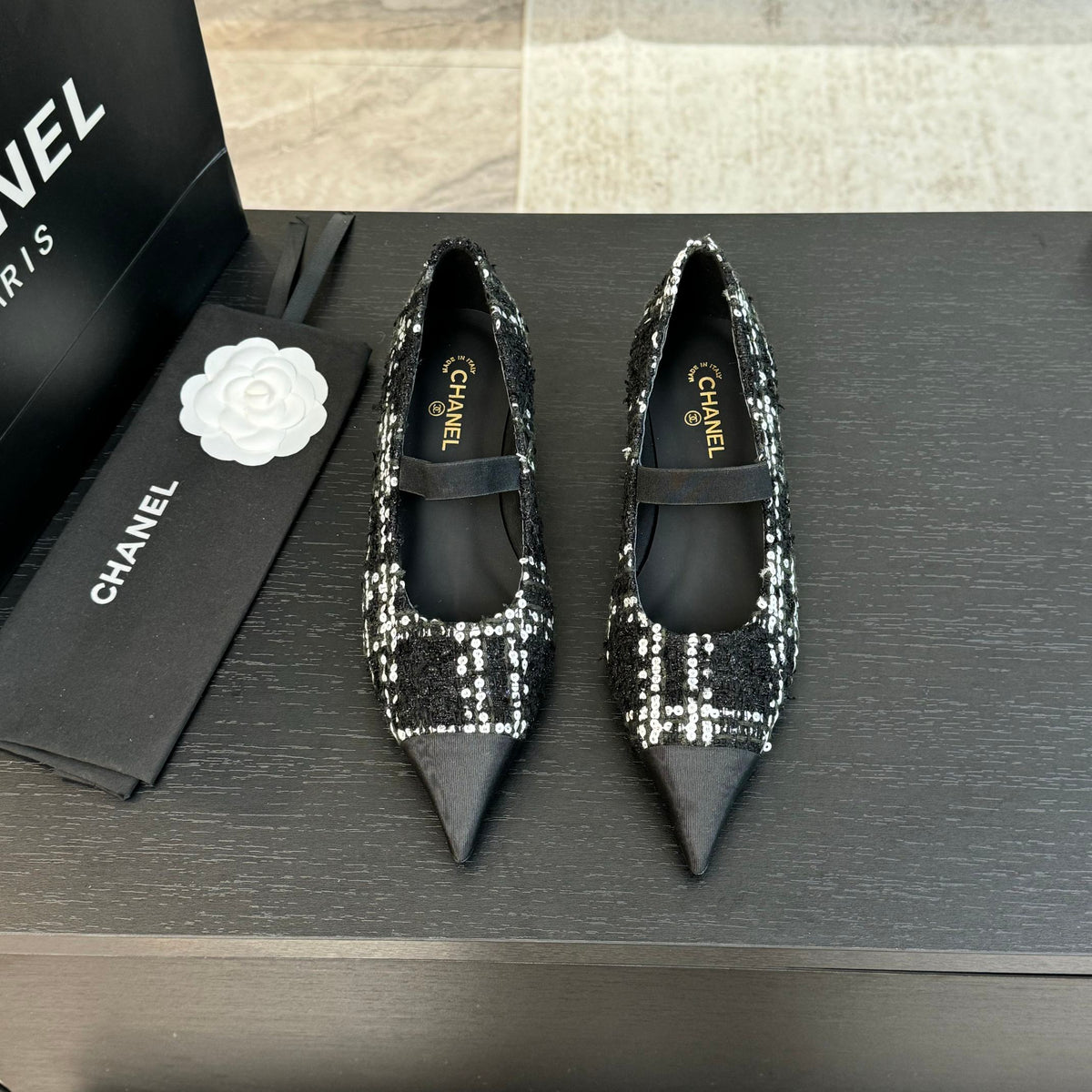 mary jane 35 pointed toe black white tweed sequin