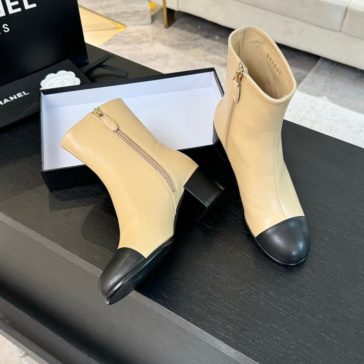 CC Ankle Boots 50mm Beige Black Lambskin