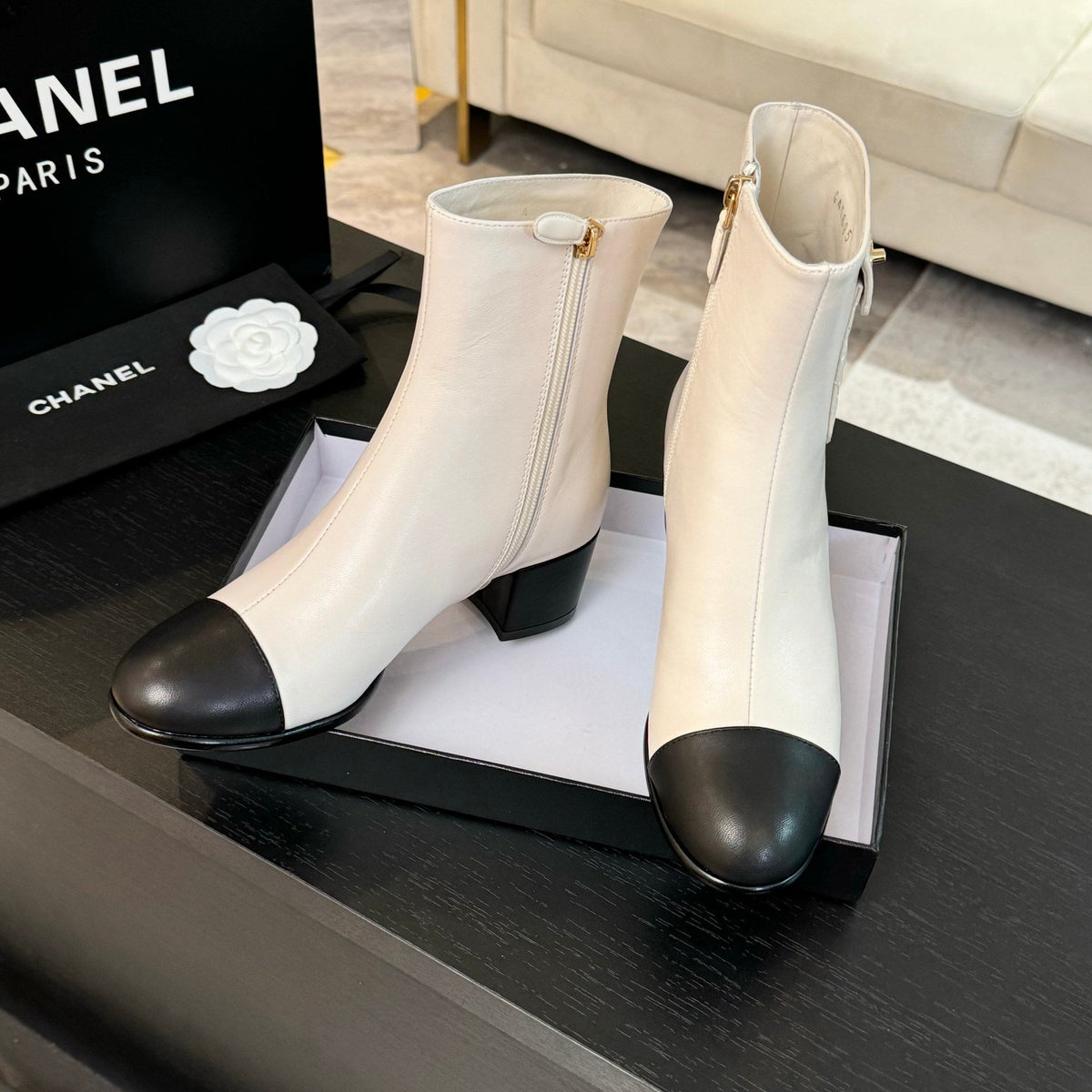CC Ankle Boots 50mm White Black Lambskin