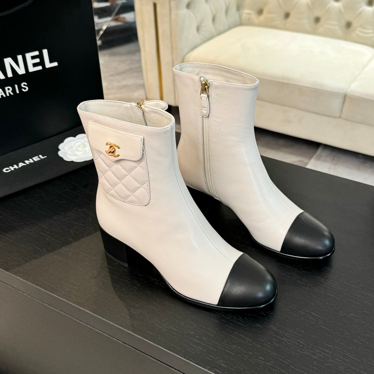 CC Ankle Boots 50mm White Black Lambskin