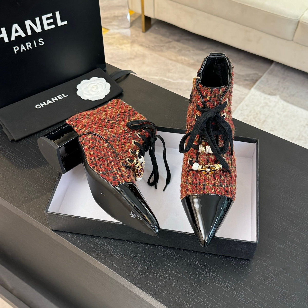 CC Ankle Boots Orange Red Beaded Tweed Fabric And Lambskin