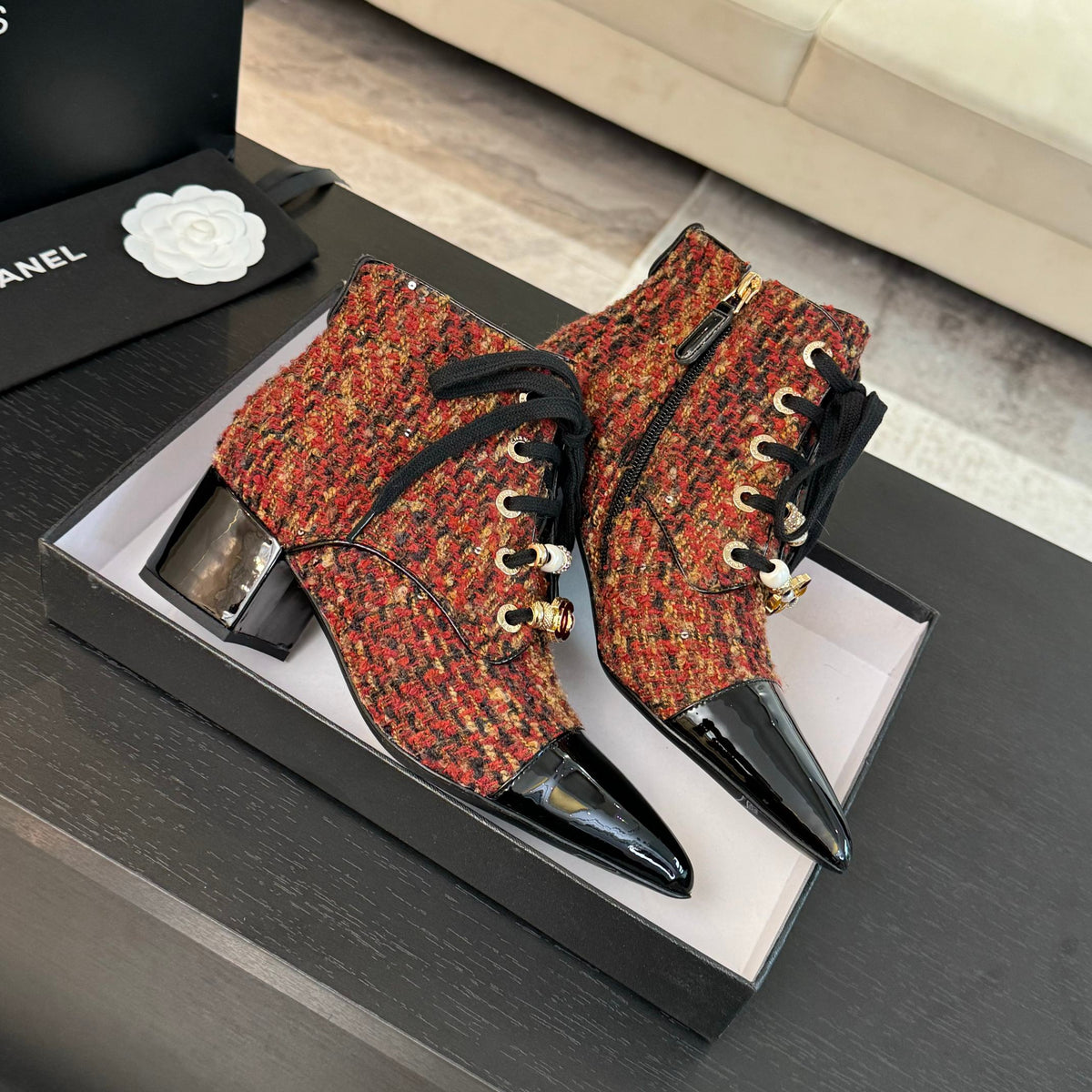 CC Ankle Boots Orange Red Beaded Tweed Fabric And Lambskin
