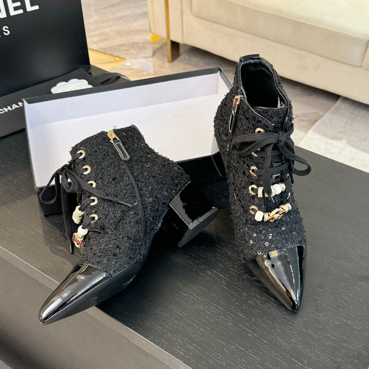 CC Ankle Boots Black Beaded Tweed Fabric And Lambskin