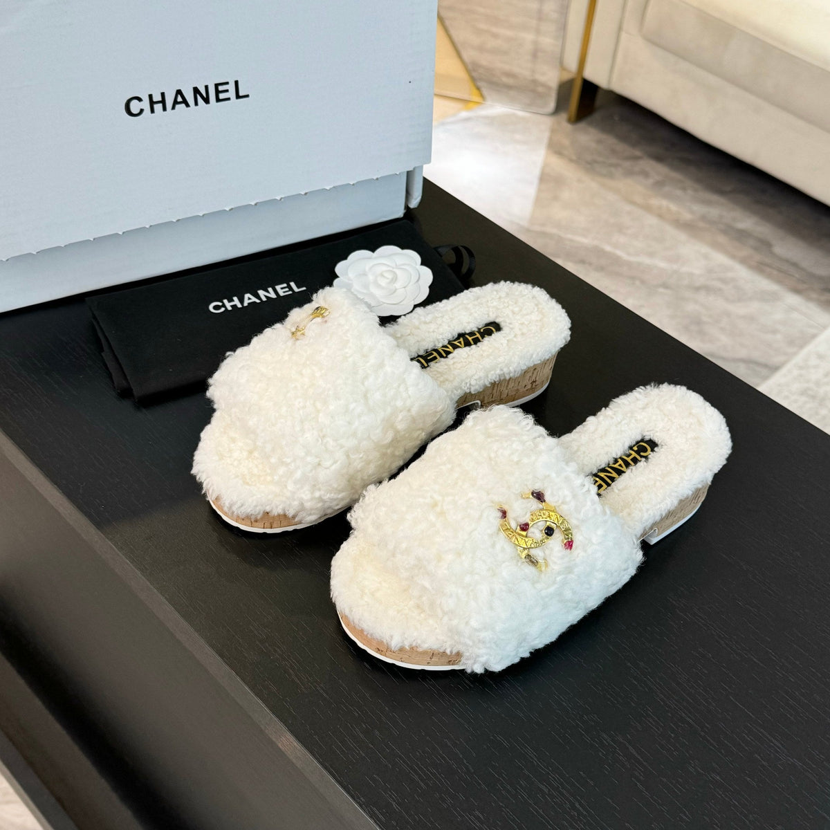 CC Slippers White Fleece Wool
