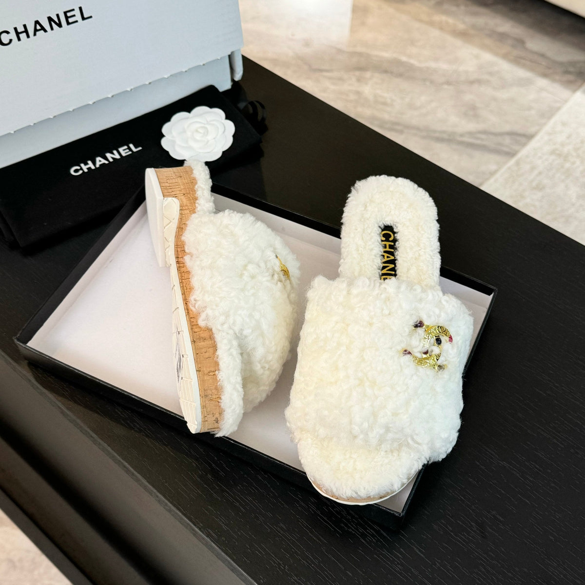 CC Slippers White Fleece Wool