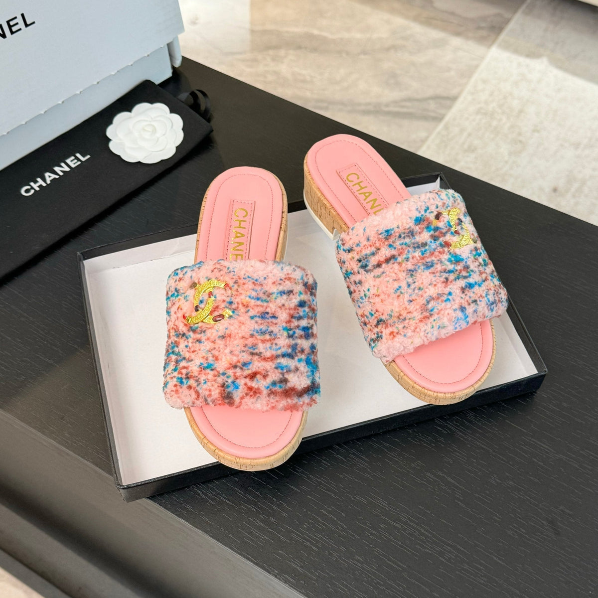 CC Slippers Pink Mix Blue Red Wool And Calfskin