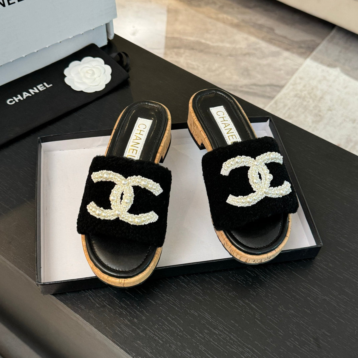 CC Slippers Black Wool And Calfskin