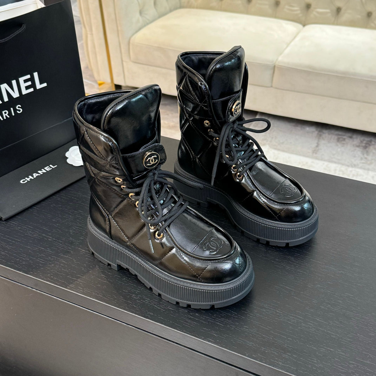 CC Short Boots Glossy Black Quilted Cowhide