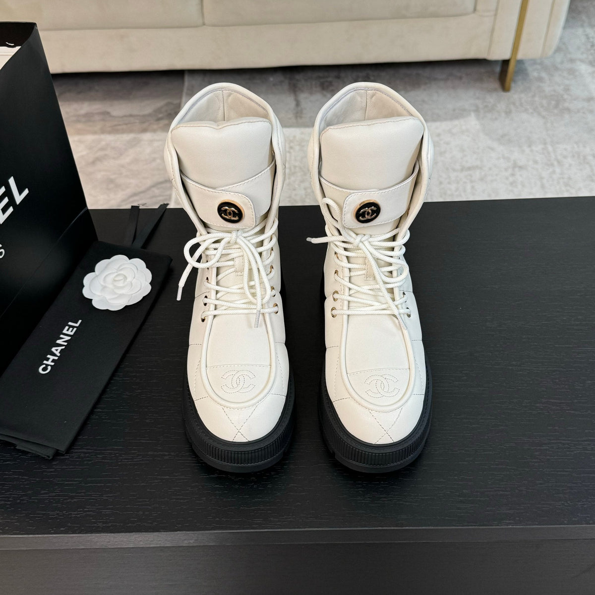 CC Short Boots White Quilted Cowhide