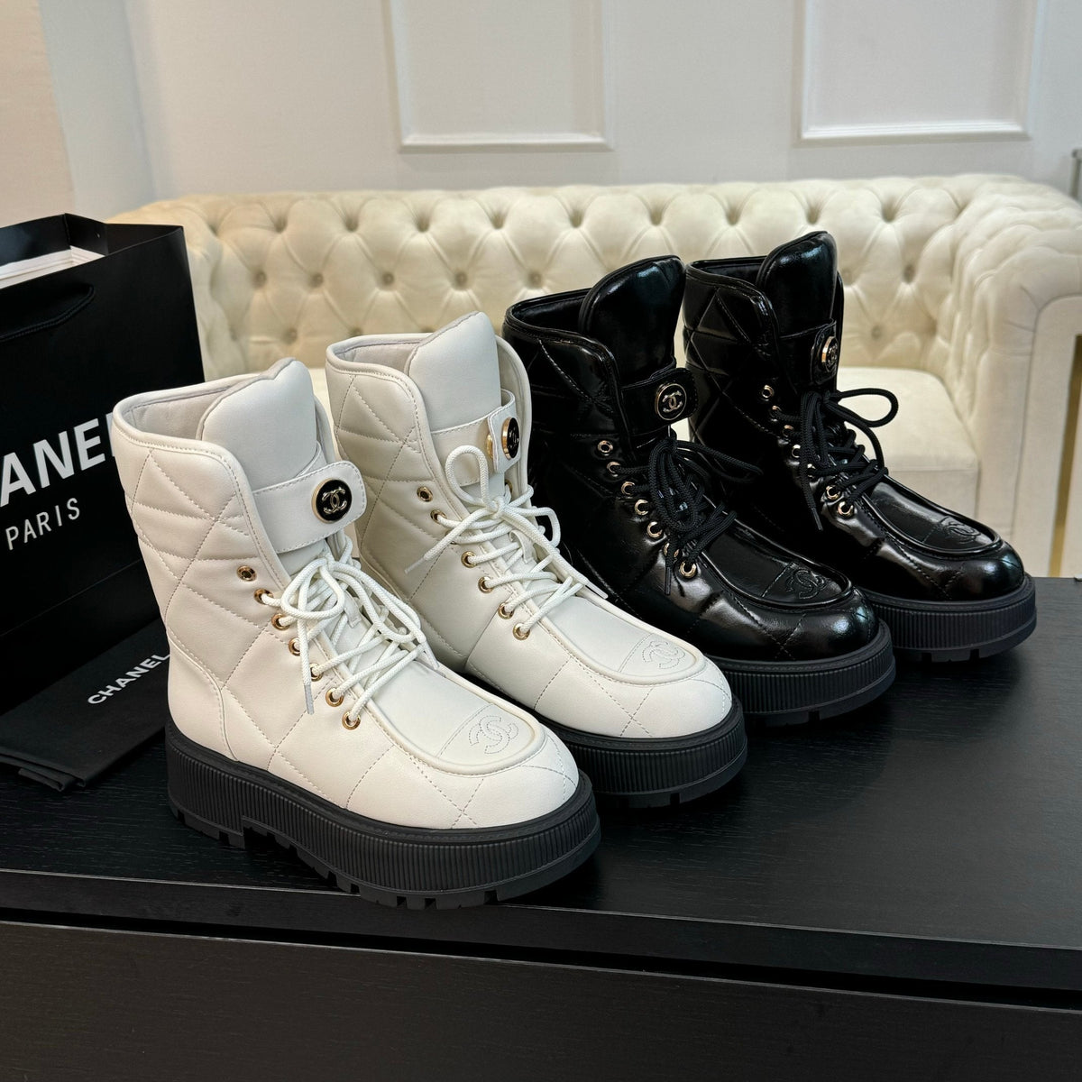 CC Short Boots White Quilted Cowhide