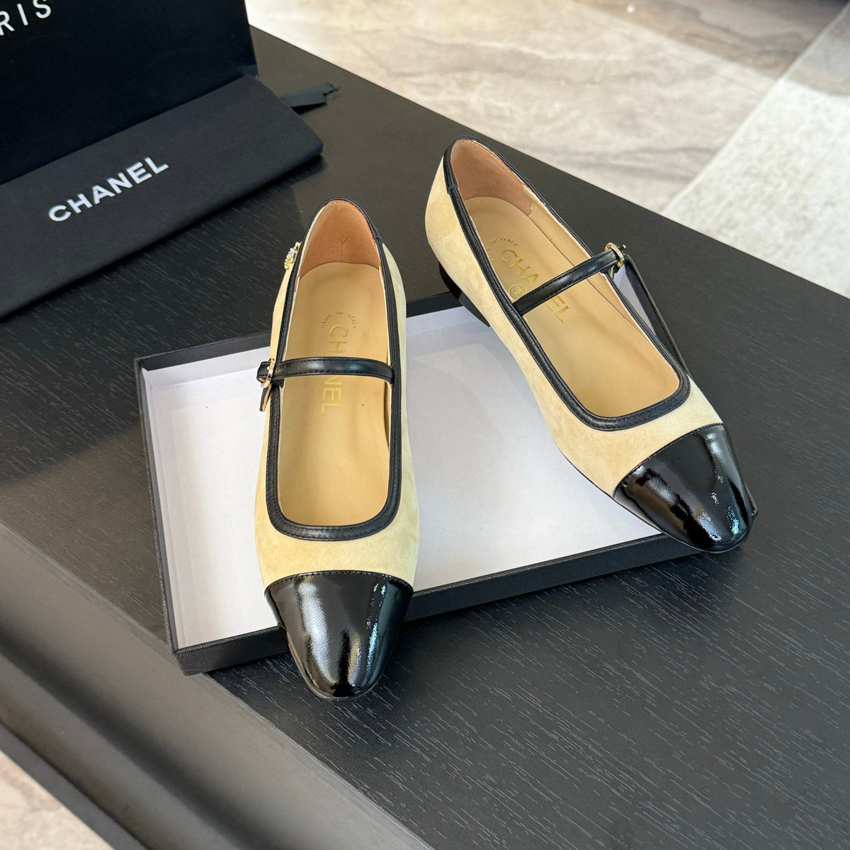 CC Mary Jane Black Beige Suede