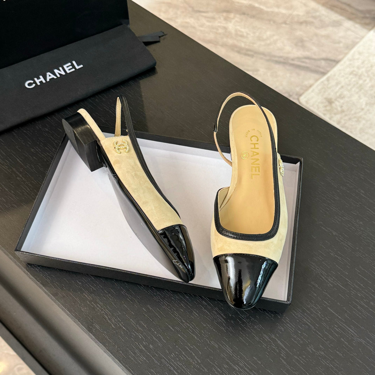 CC Slingback Black Beige Suede