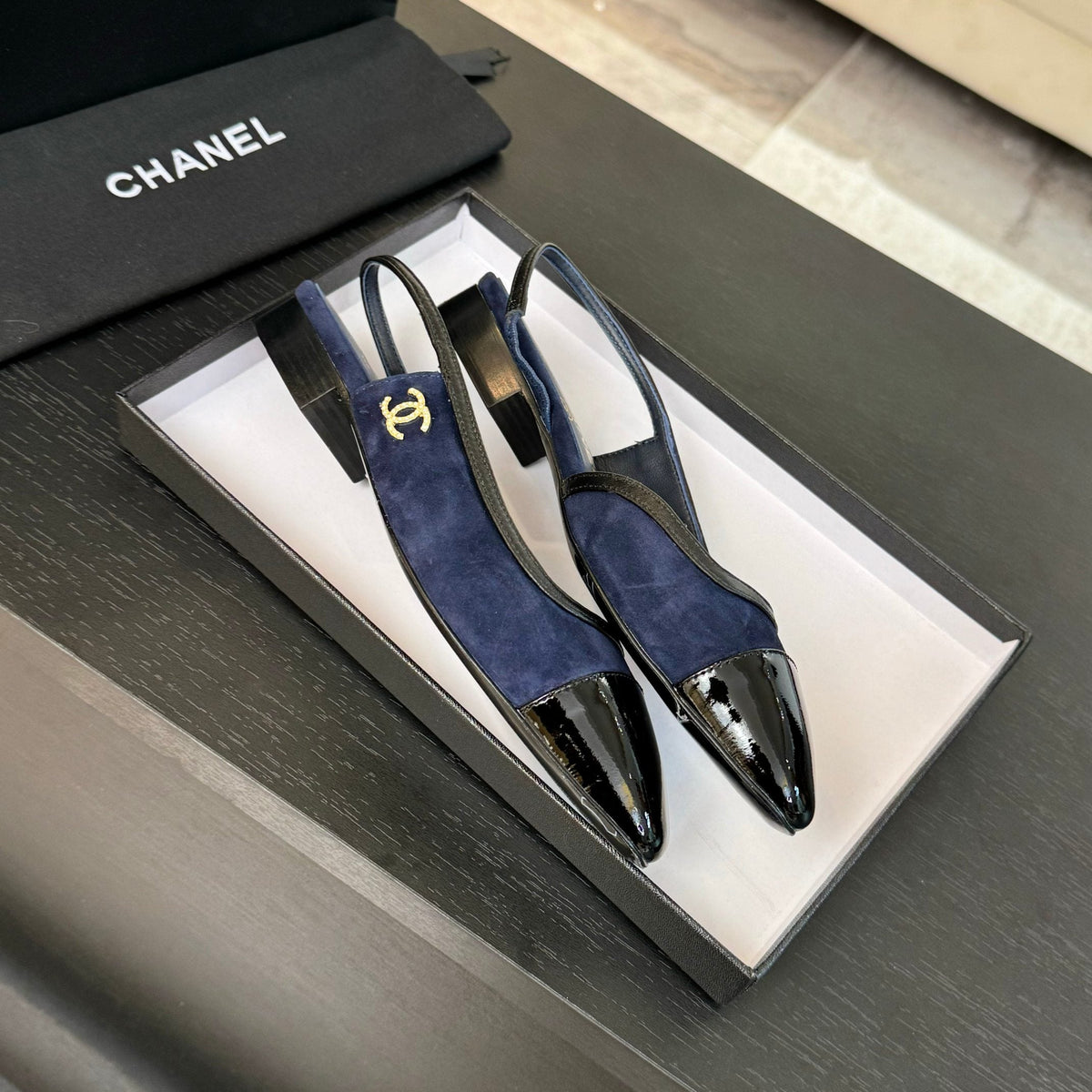 CC Slingback Black Drak Blue Suede