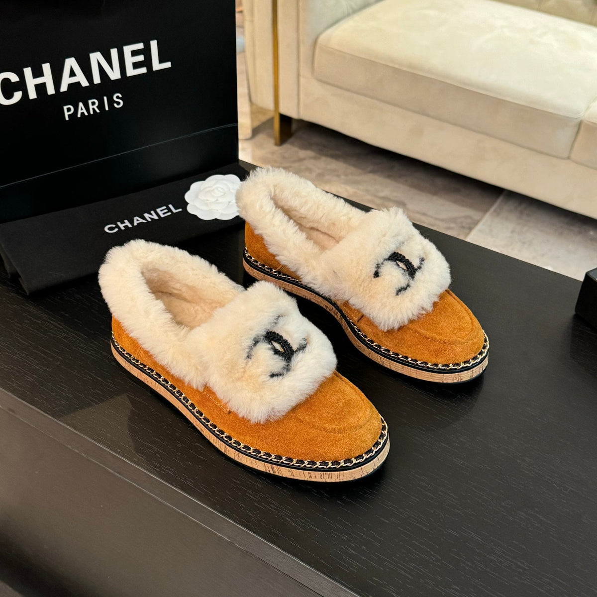 CC Moccasins Yellow Orange Suede And Fleece