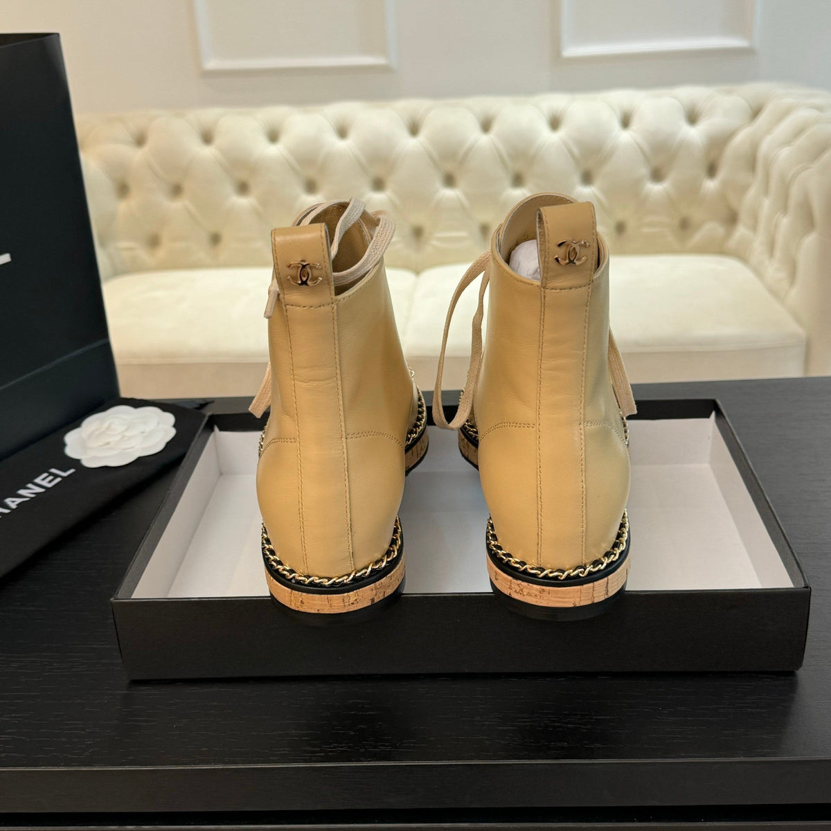 CC Ankle Boots Beige With Chain Calfskin