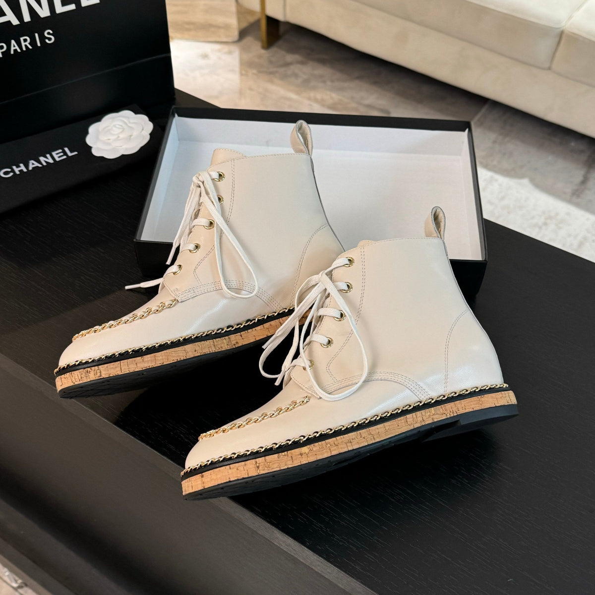 CC Ankle Boots White With Chain Calfskin