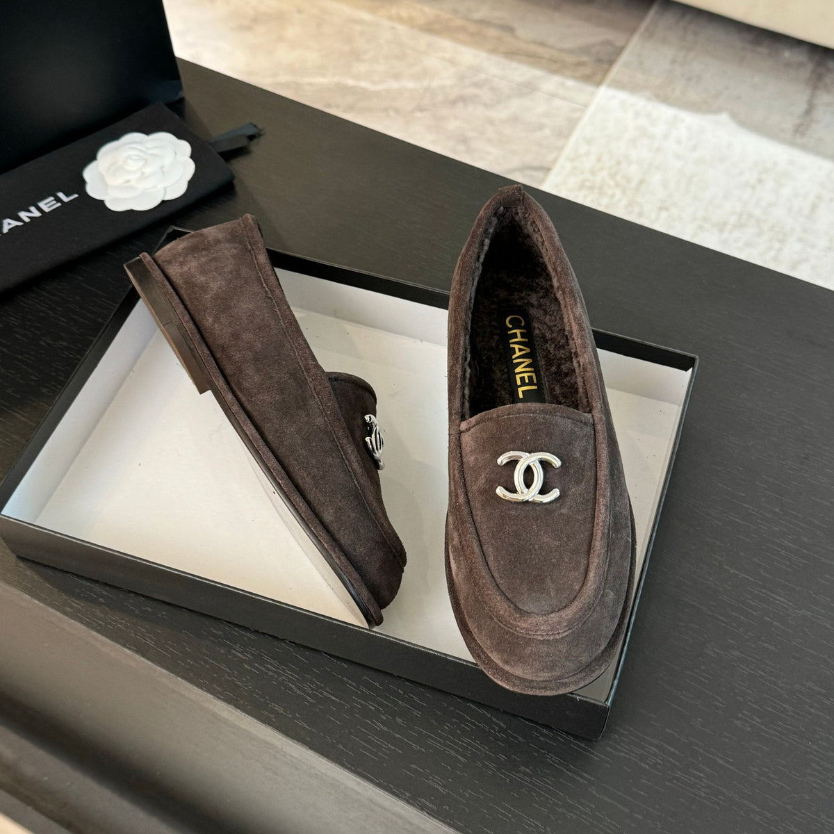 CC Moccasins Gray Brown Suede And Wool