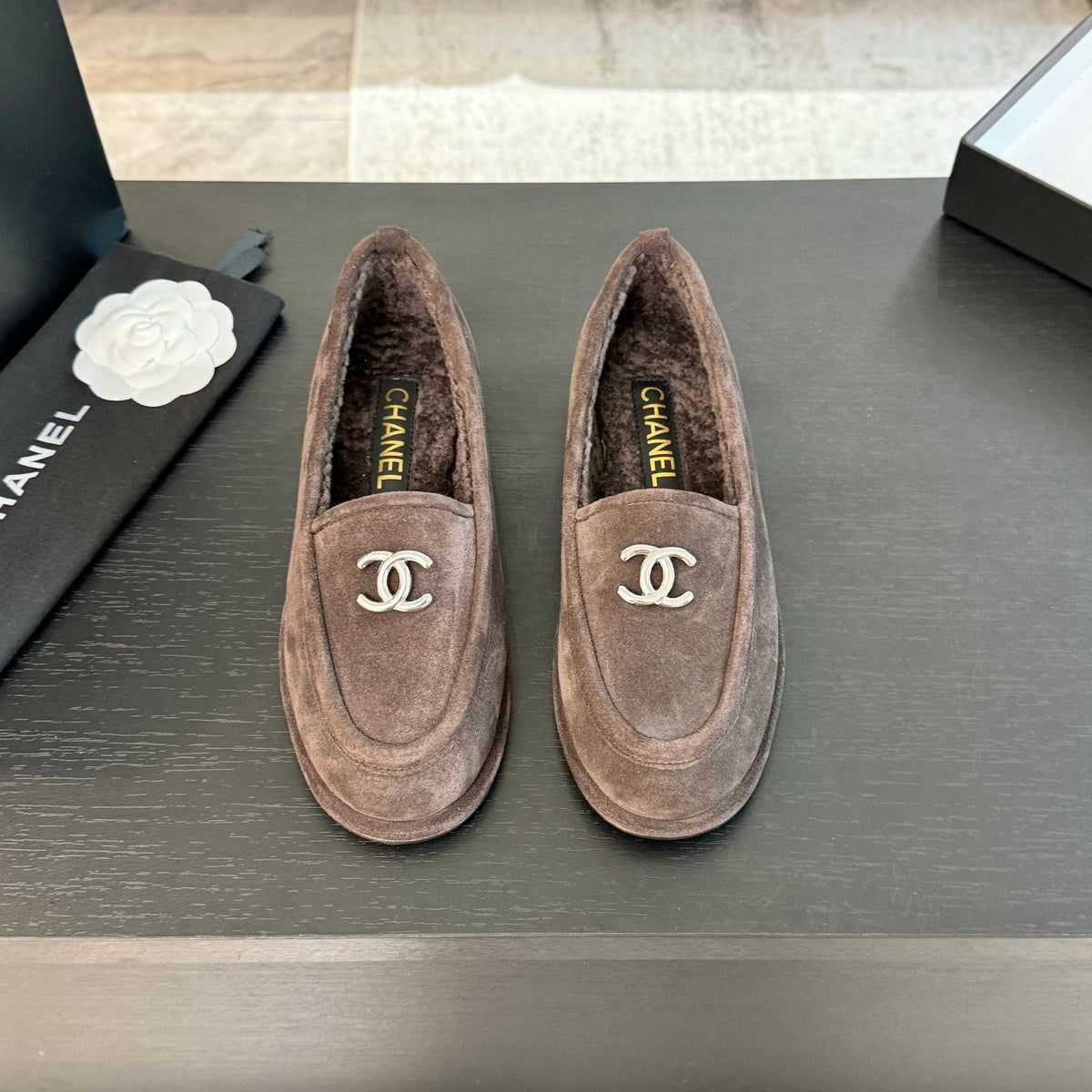 CC Moccasins Gray Brown Suede And Wool