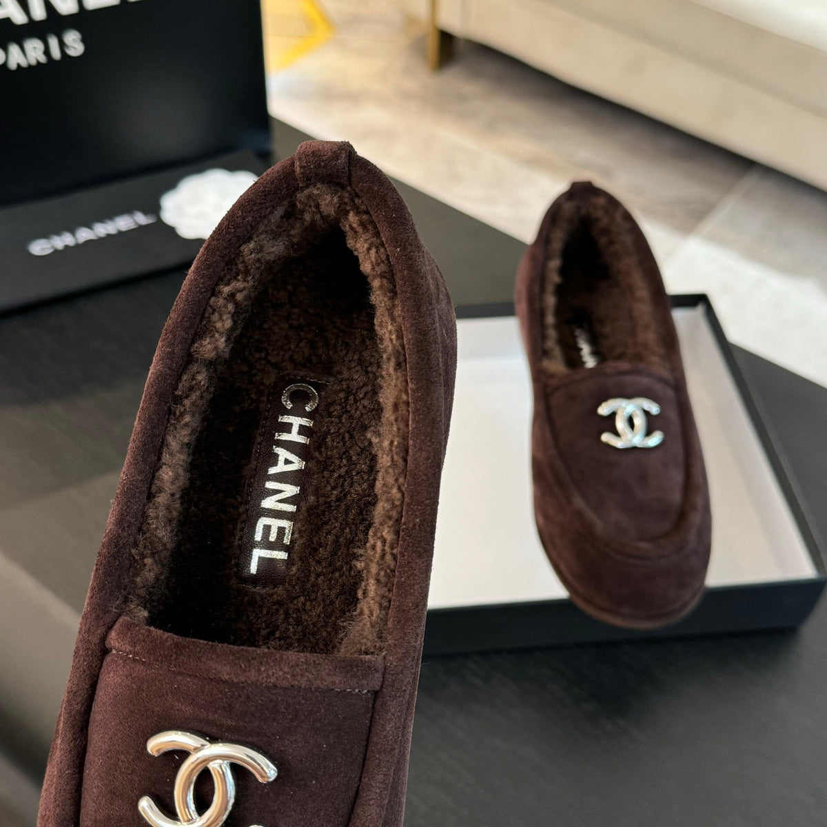 CC Moccasins Earth Brown Suede And Wool