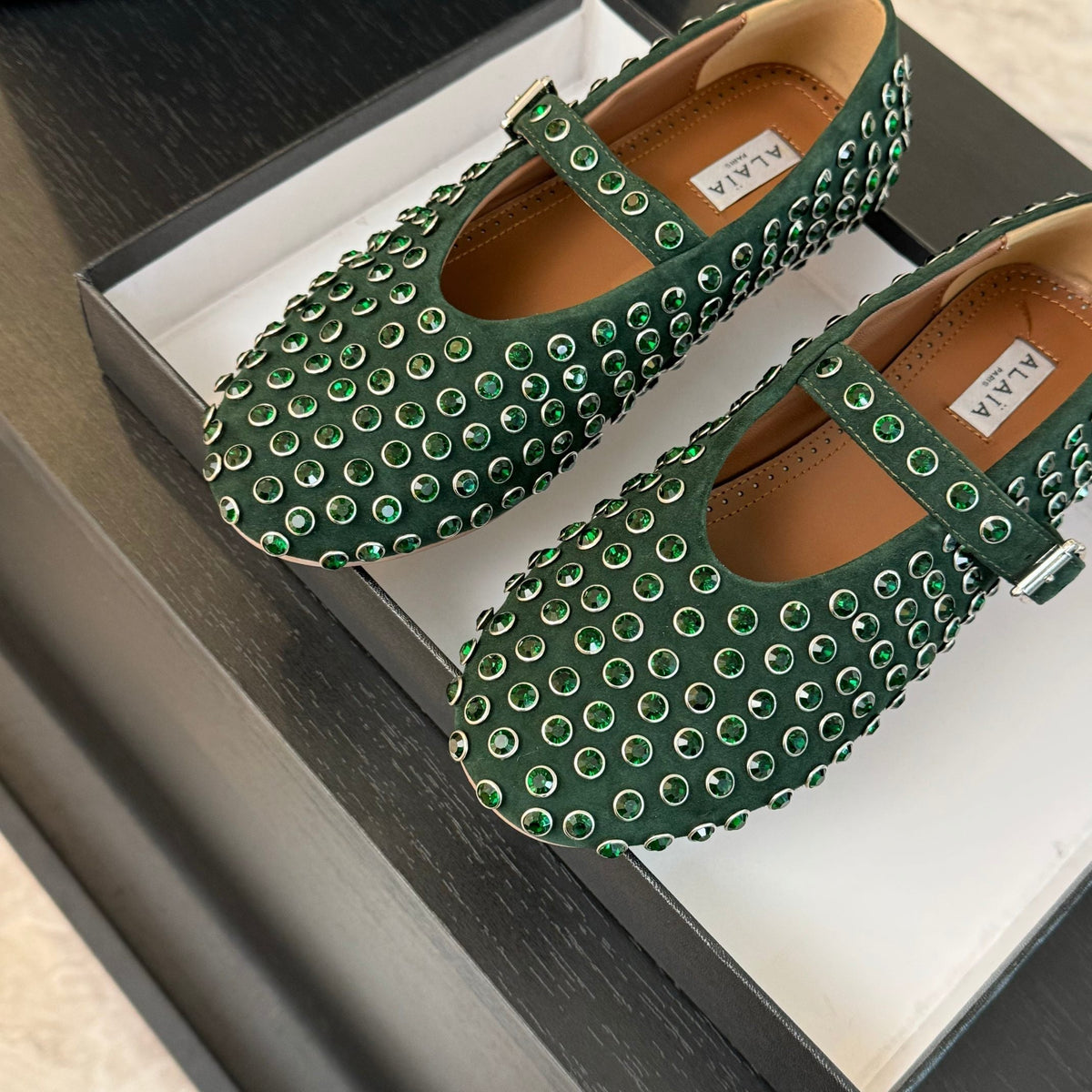 Alaia Strass Ballet Flats In Dark Green Suede Stone 935187