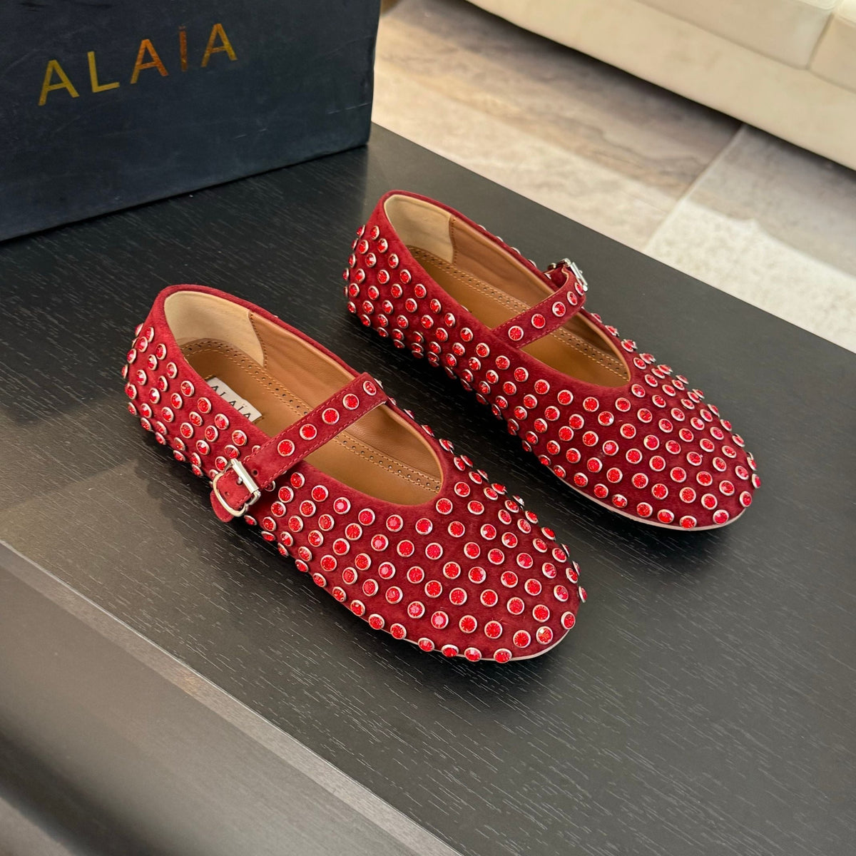 Alaia Strass Ballet Flats In Red Suede Stone 935189