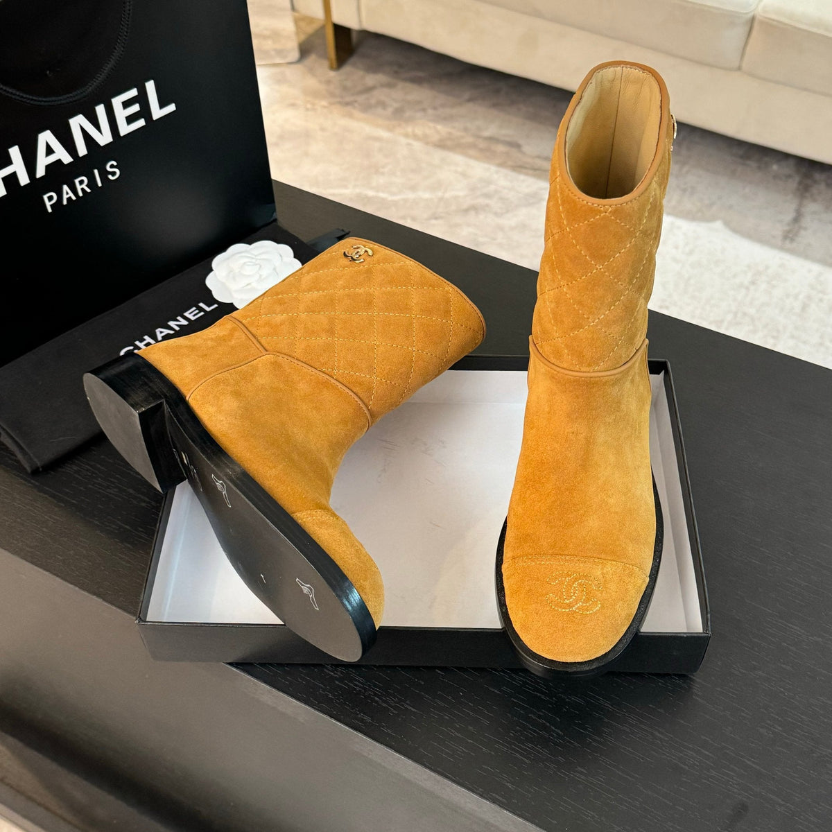 CC Ankle Boots 30mm Dark Yellow Suede Quilted