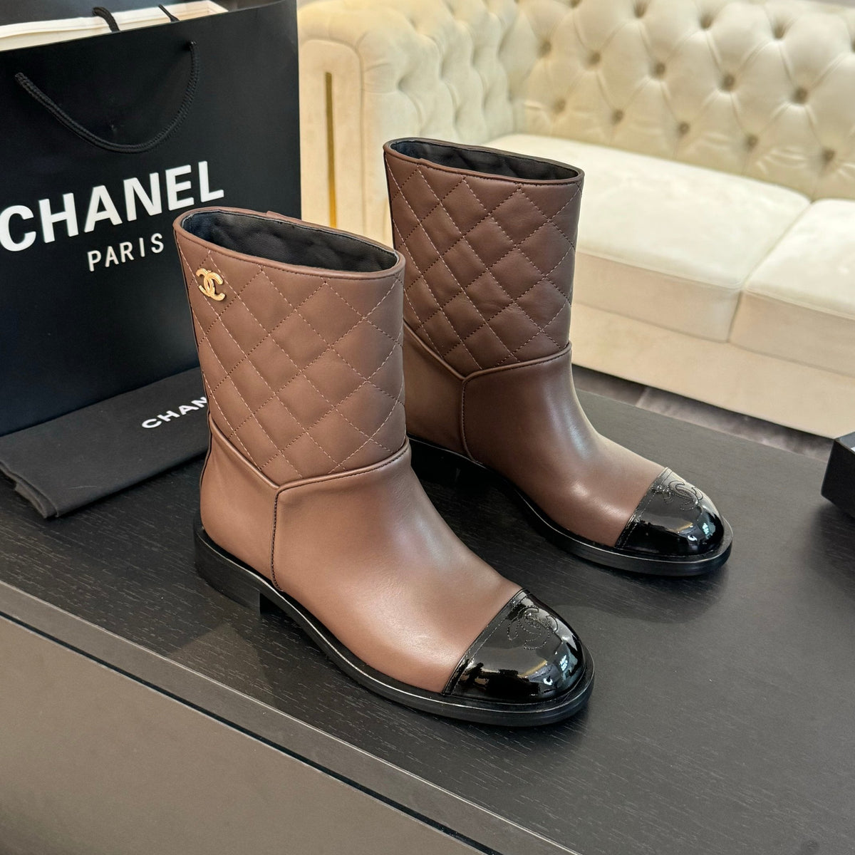 CC Ankle Boots 30mm Earth Brown Calfskin Quilted