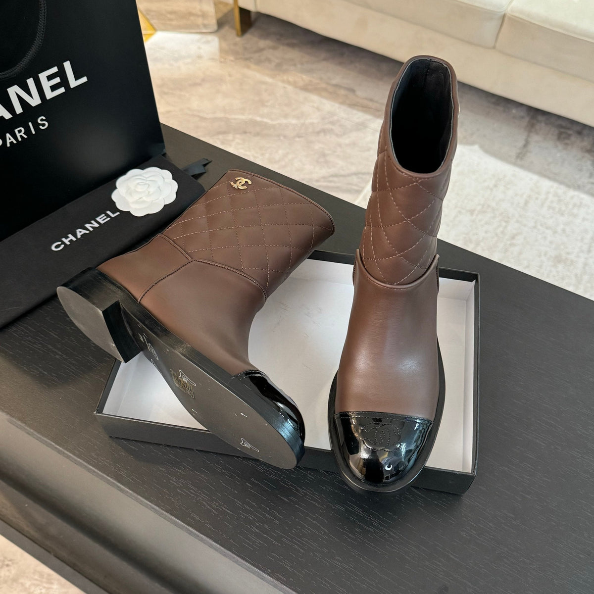 CC Ankle Boots 30mm Earth Brown Calfskin Quilted