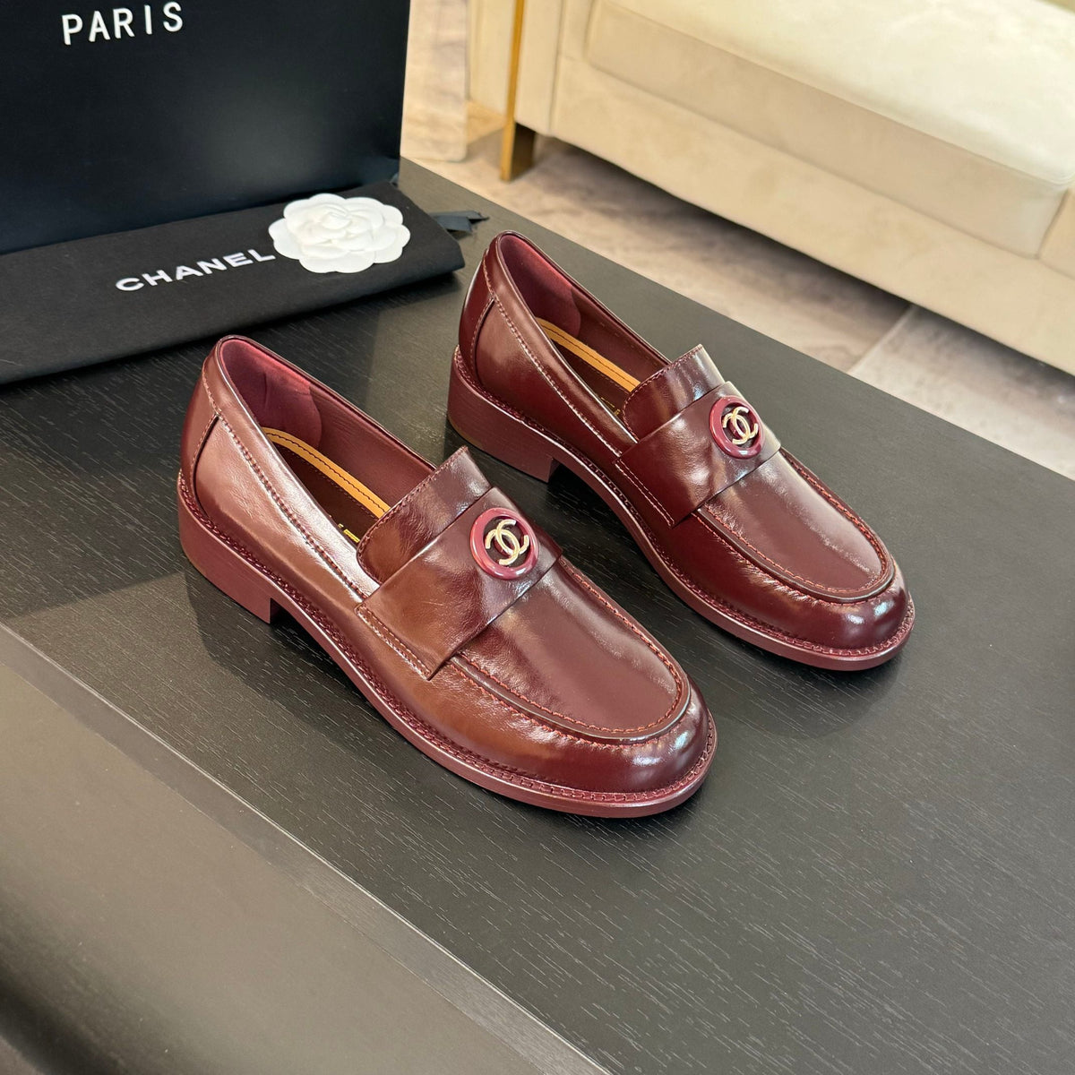 CC Moccasins Glossy Reddish Brown Cowhide