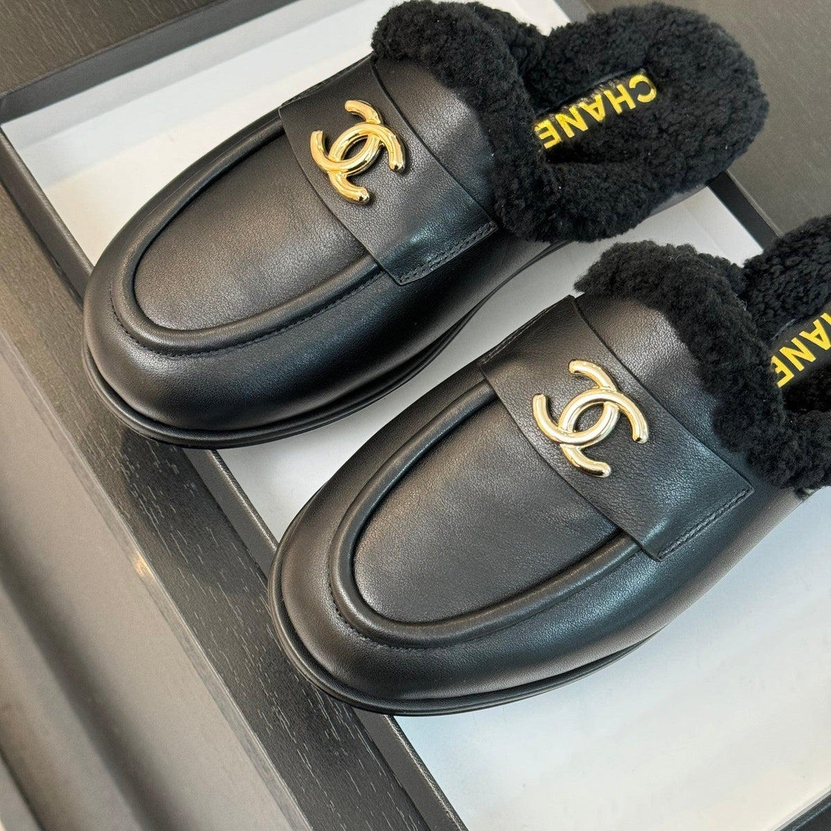 CC Mule Black Calfskin Lamb Wool