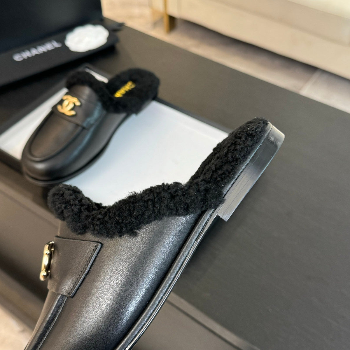 CC Mule Black Calfskin Lamb Wool