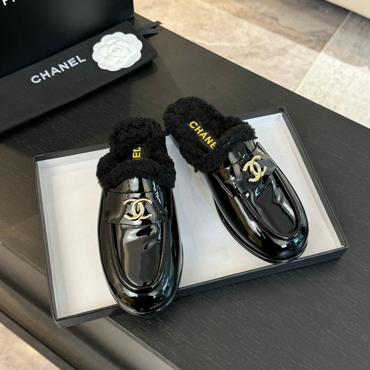 CC Mule Black Patent Calfskin Lamb Wool
