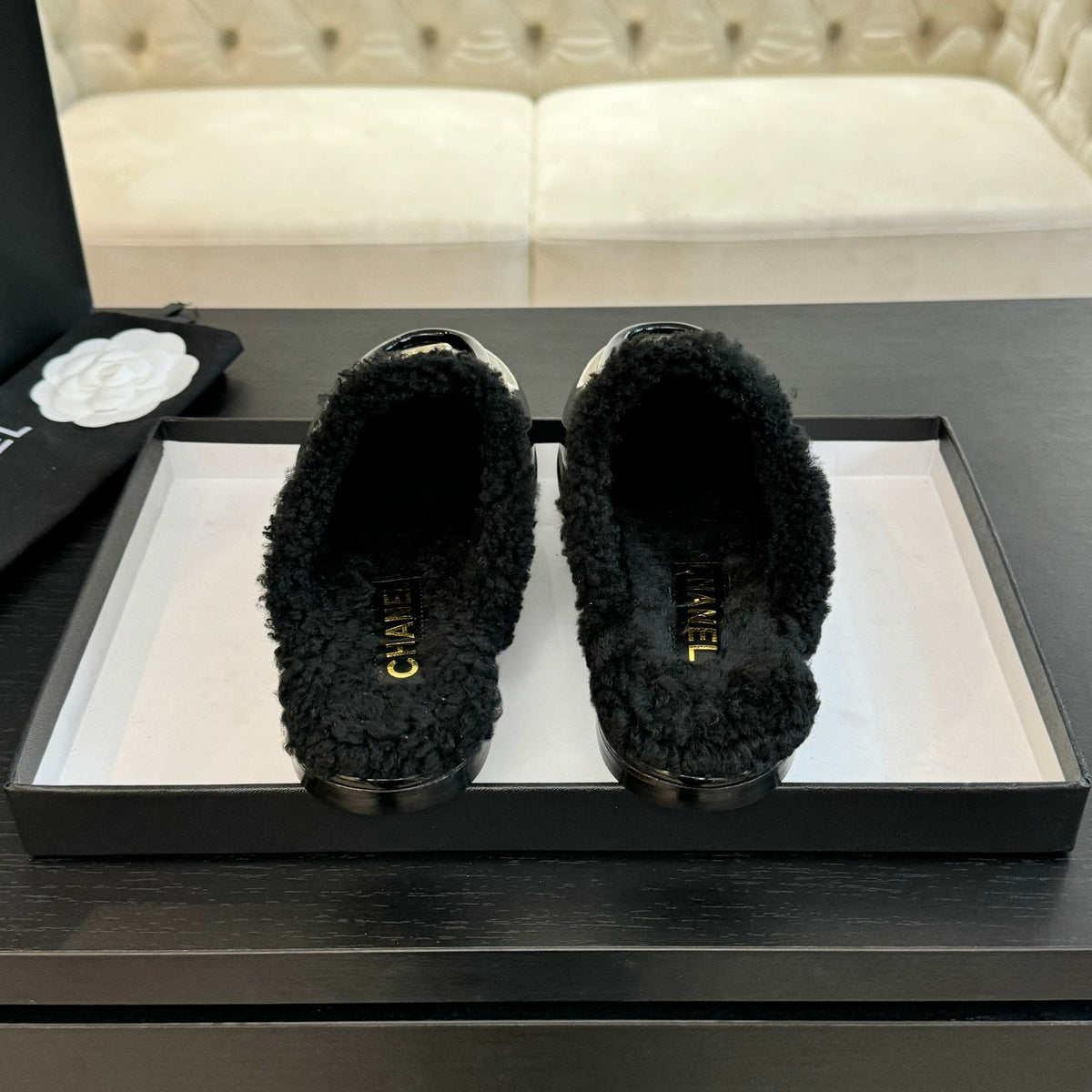 CC Mule Black Patent Calfskin Lamb Wool