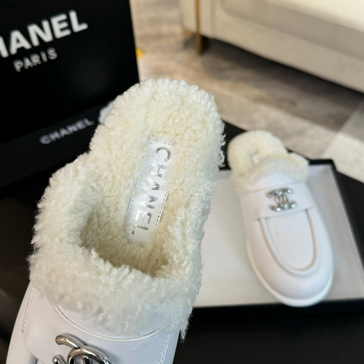 CC Mule White Calfskin Lamb Wool