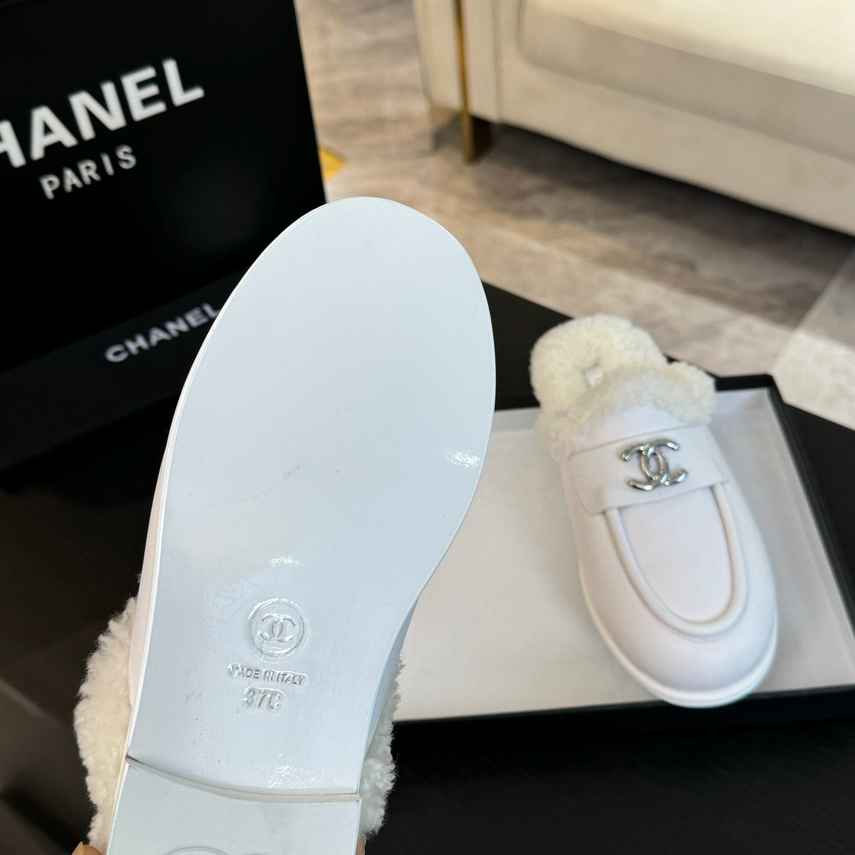 CC Mule White Calfskin Lamb Wool