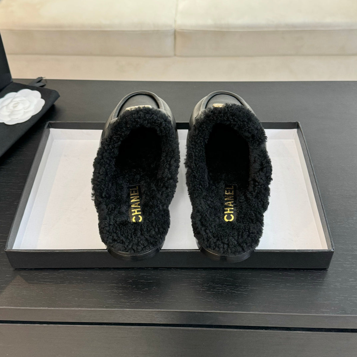 CC Mule Black Calfskin Lamb Wool