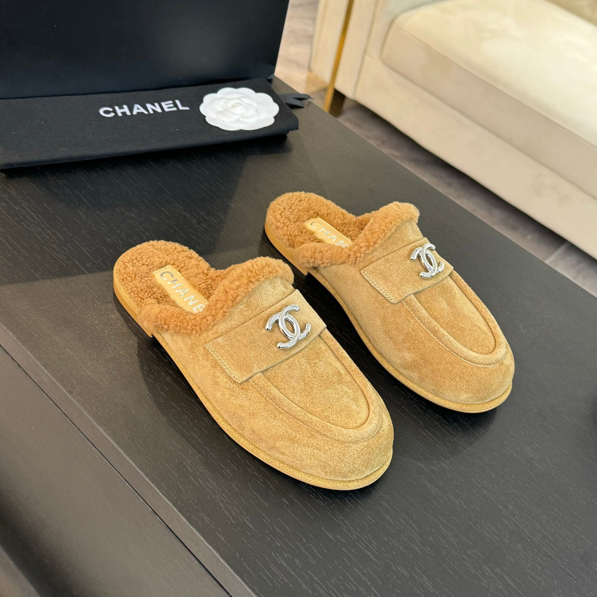 CC Mule Beige Suede Lamb Wool