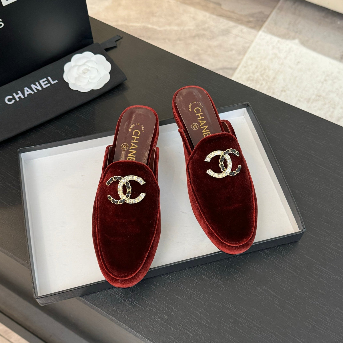 CC Mule Dark Red Velvet Double C Diamond
