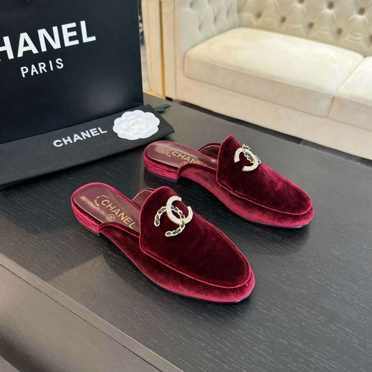 CC Mule Dark Red Velvet Double C Diamond