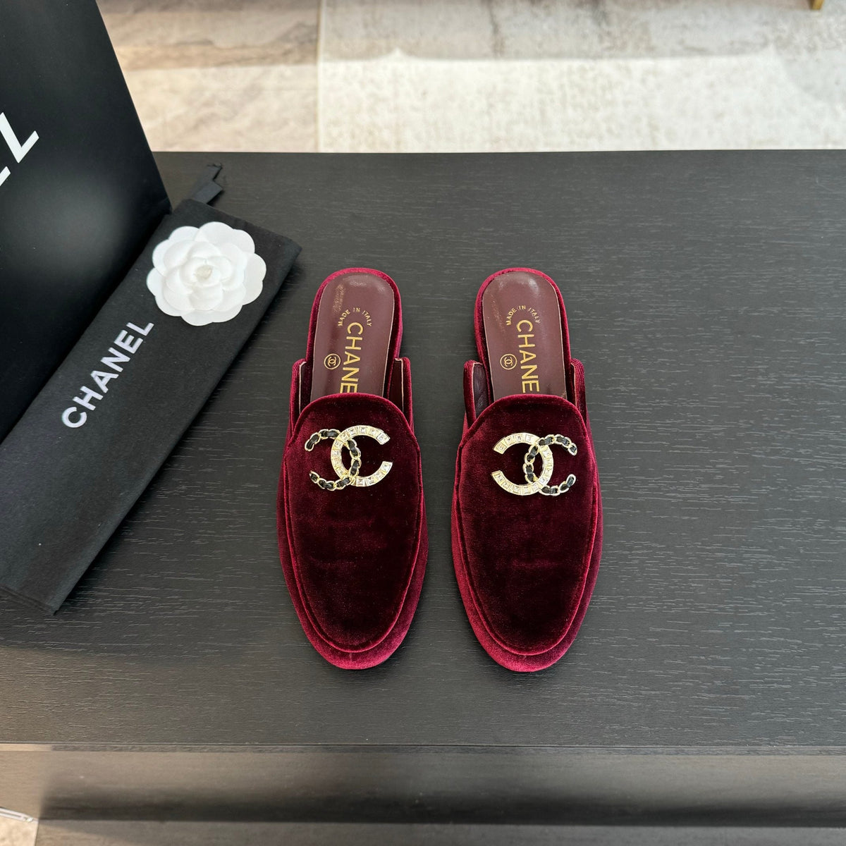 CC Mule Dark Red Velvet Double C Diamond