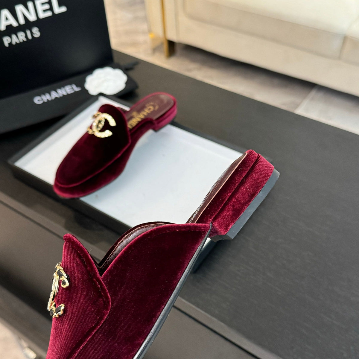CC Mule Dark Red Velvet Double C Diamond