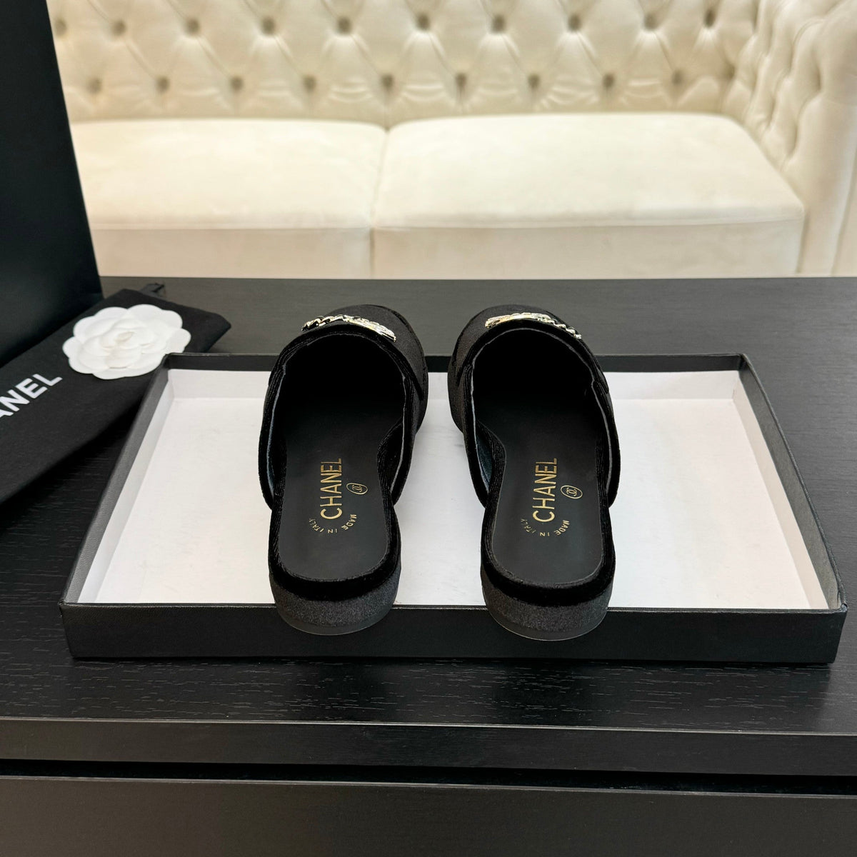 CC Mule Black Velvet Double C Diamond