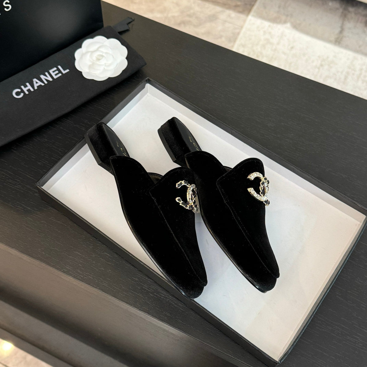 CC Mule Black Velvet Double C Diamond