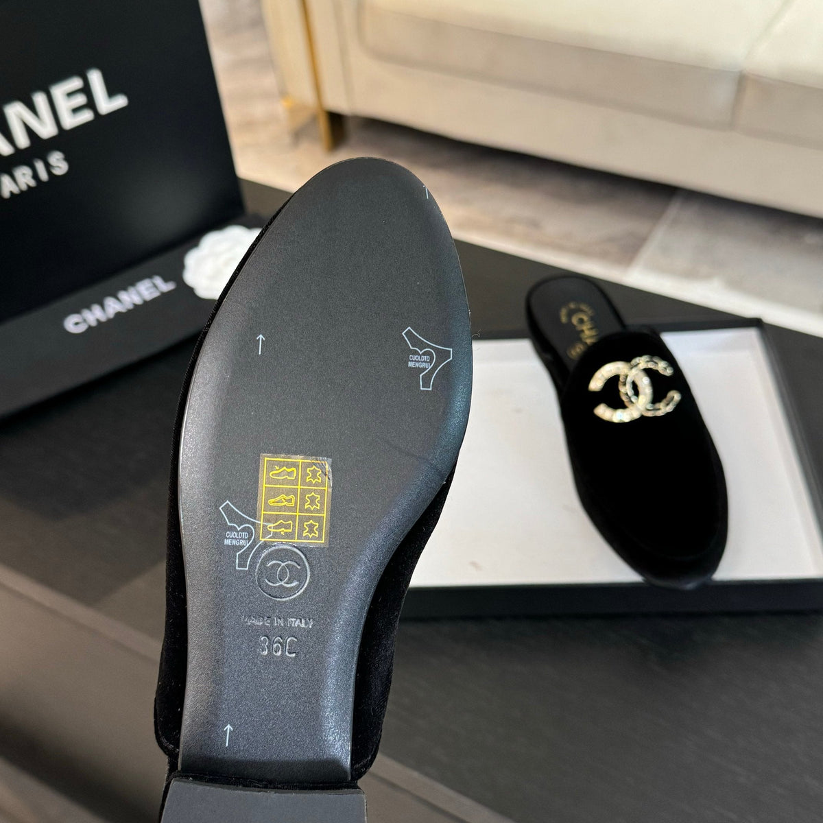 CC Mule Black Velvet Double C Diamond