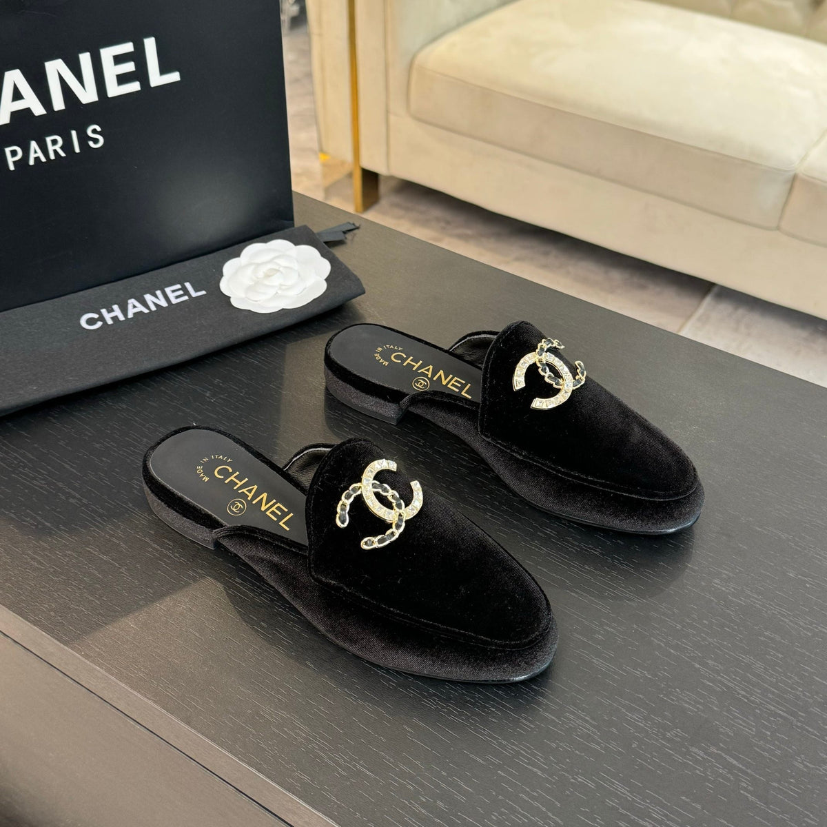 CC Mule Black Velvet Double C Diamond