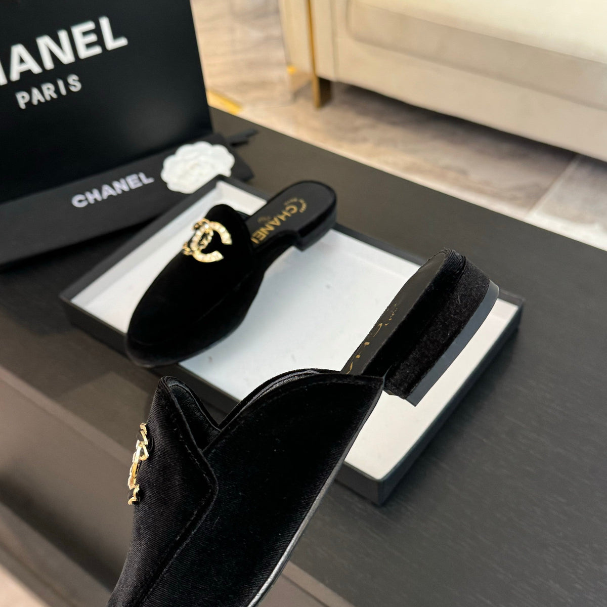 CC Mule Black Velvet Double C Diamond