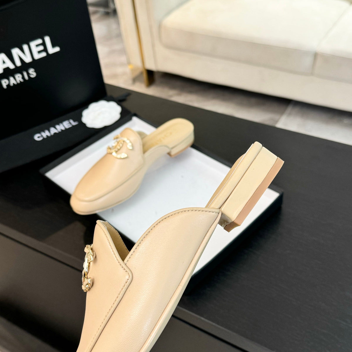 CC Mule Beige Calfskin Double C Diamond